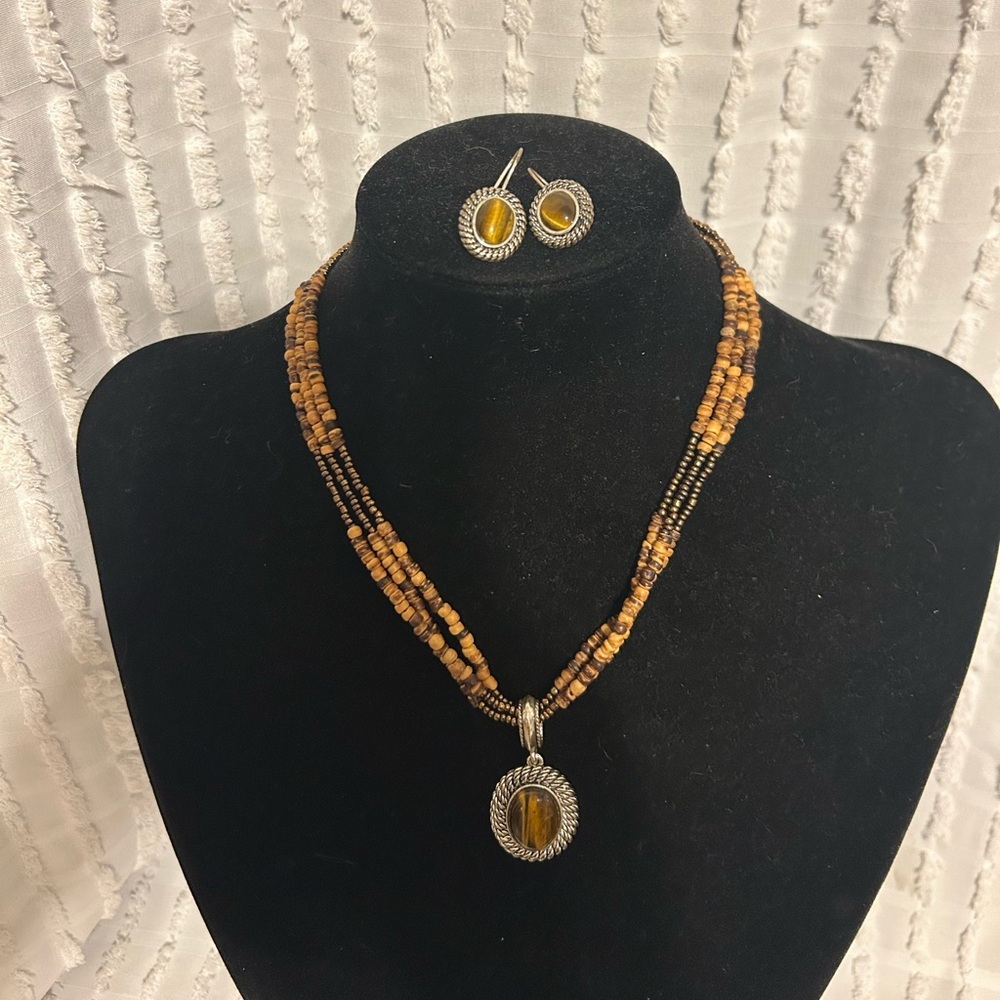 Tigers Eye‎ Pendant Necklace and Earrings Set Beaded Three Strand Boho Brown